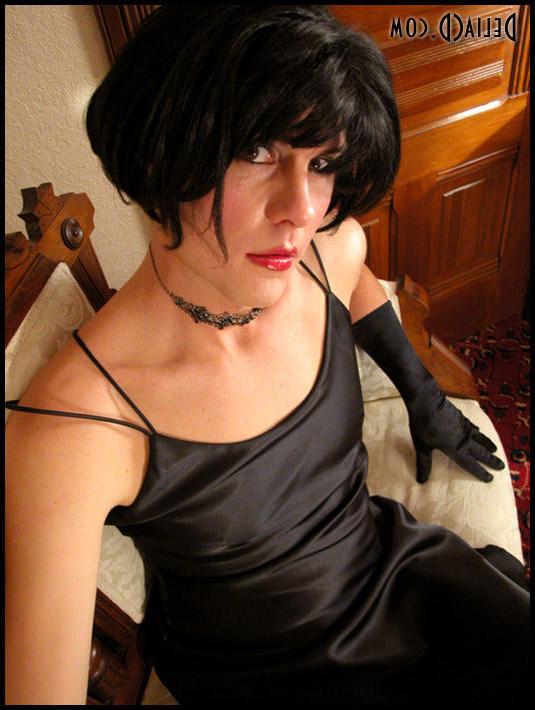 16P Stunning crossdresser in black silk evening dress