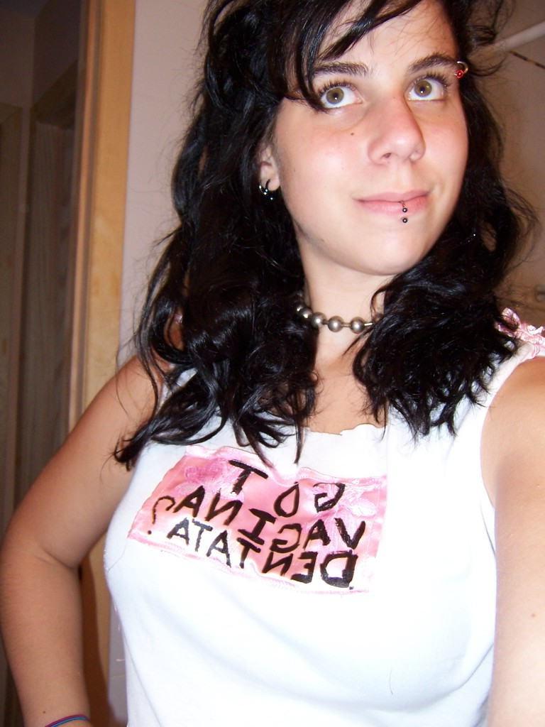 15P Goth teen girlfriend with pierced nipples strips in homemade pix