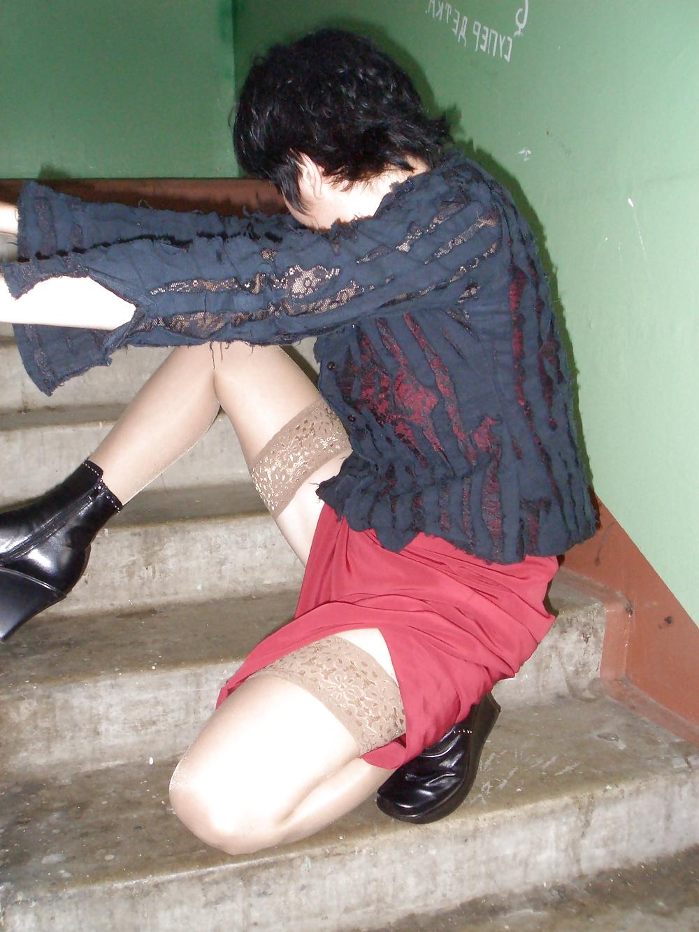 16P Posing in stockings on a stair