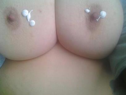 10P Cum on my wifes 44 dd tits.big nipples