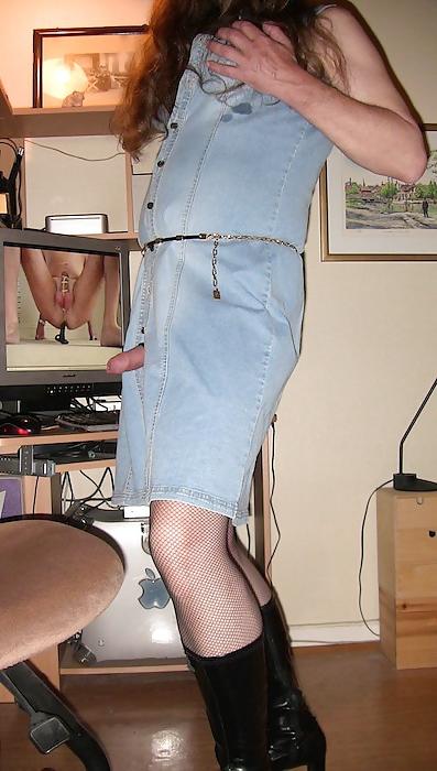 8P Me crossdressing in button through demin dress