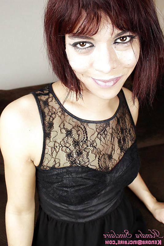 6P Sexy big cock shemale tranny in black dress covered in cum