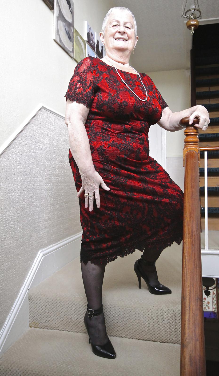 25P Granny Frocks posing on  the stairs