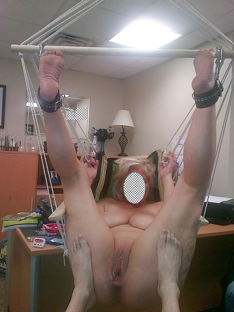 12P SluT in sex swing , chrome heels , smooth shaved pussy