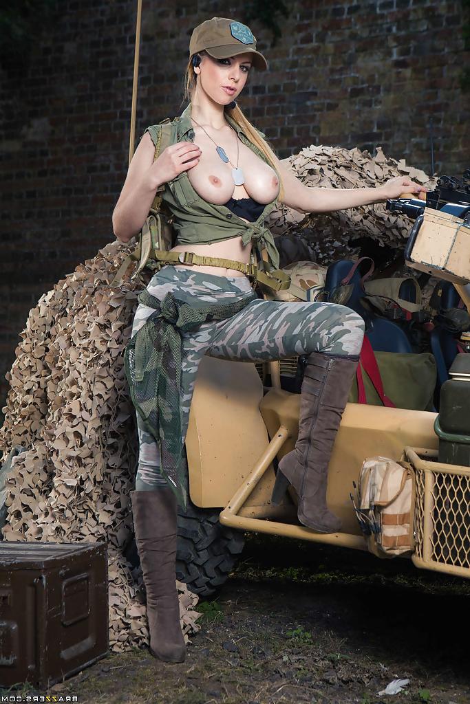 16P Pornstar Stella Cox letting big natural tits loose from military garb