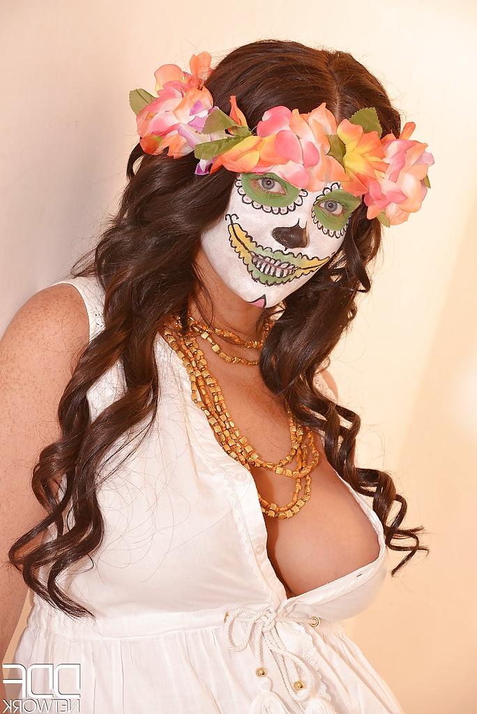 16P Brunette Euro babe Emma Leigh freeing big natural tits from cosplay outfit