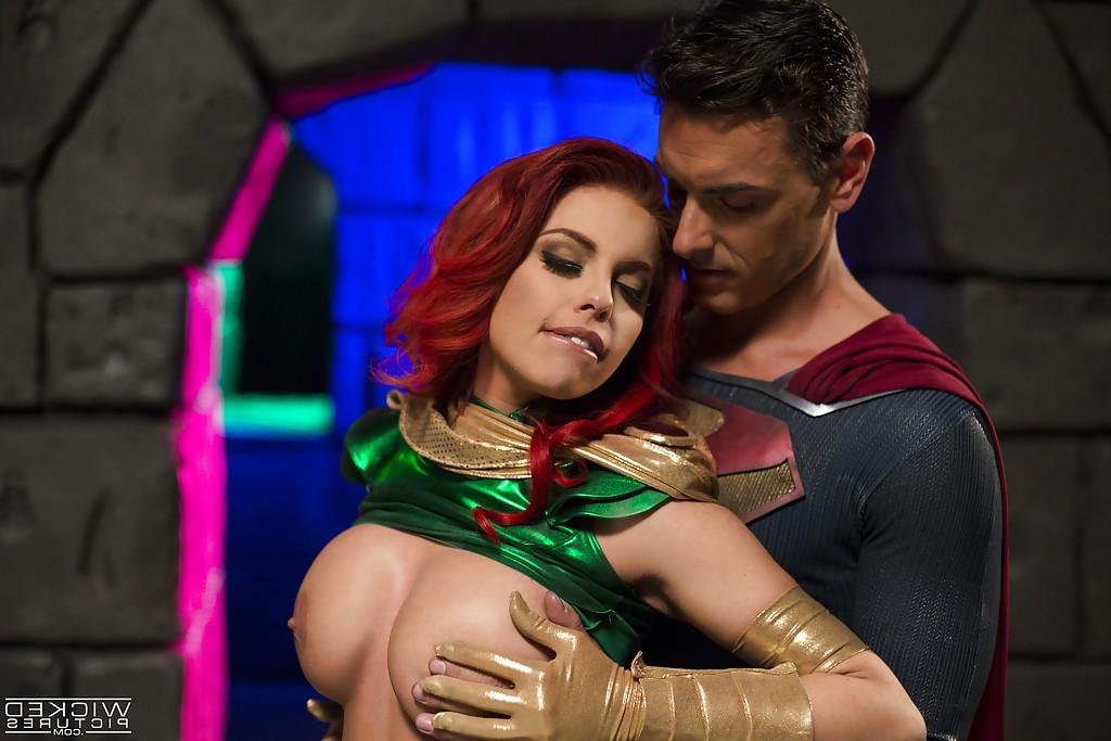 16P Chesty cosplay redhead Britney Amber taking a cumshot on her tongue