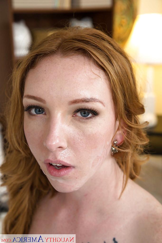 14P Fully clothed redhead Katy Kiss licks and sucks a thick cock up close