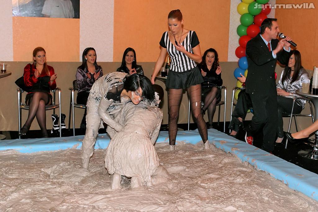 16P Stunning european fashionistas have some messy mud wrestling fun