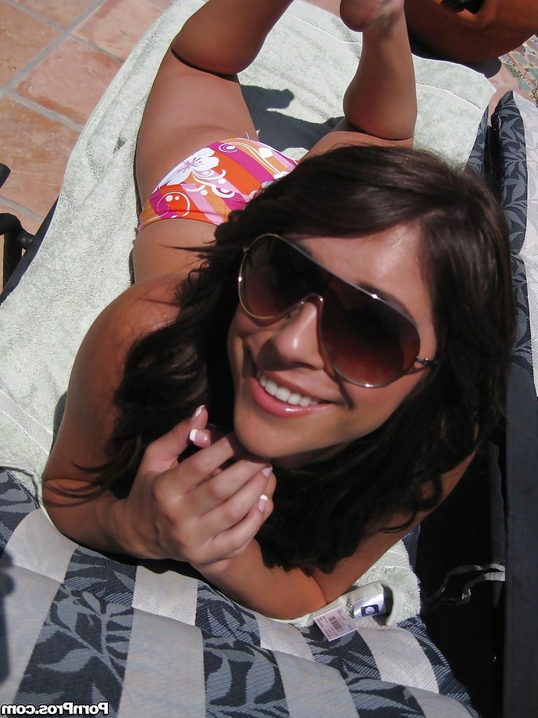 12P Brunette girlfriend Miley Ann letting big natural tits loose in backyard