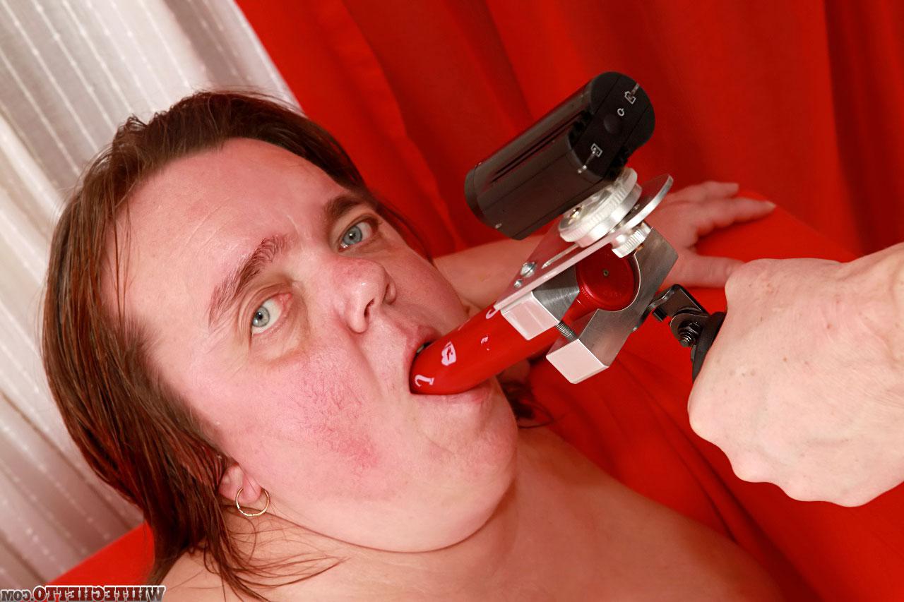 15P Midget fatty Gidget on her knees getting hairy granny pussy toyed with dildo