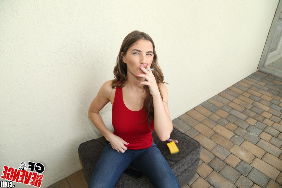 15P Attractive GF Molly Jane smokes and flashes her big natural boobs