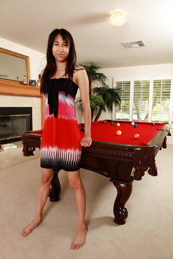 16P Amateur Latina babe with big boobs Alice strips on the pool table