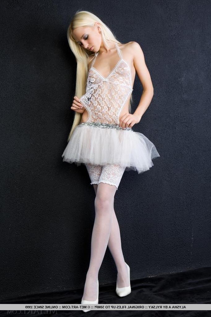 18P Slim blonde babe Alysha A strips out of her revealing ballerina dress