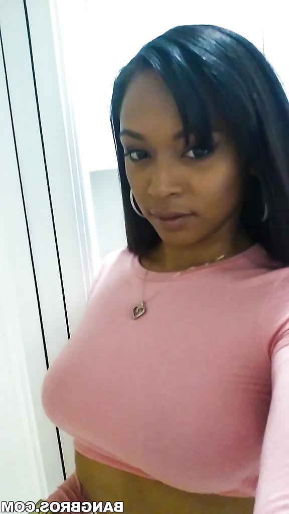 14P Curvy black chick Porsha Carrera taking selfies of her big black tits