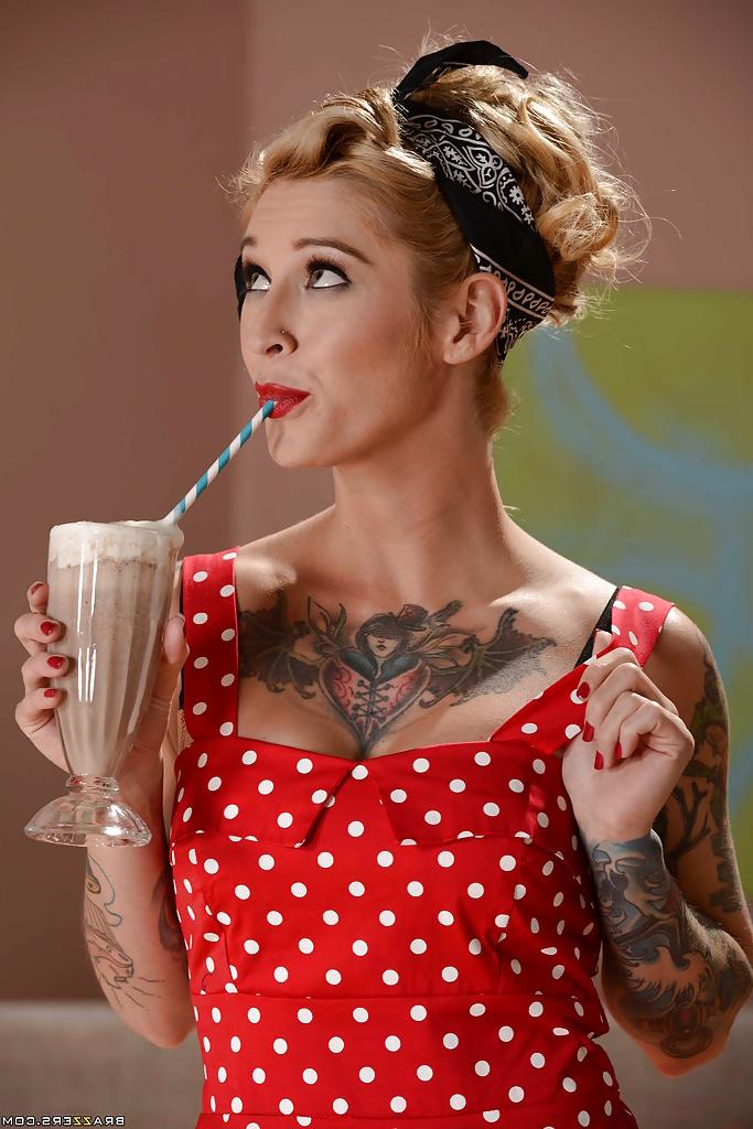 16P Inked pornstar Kleio Valentien strips off vintage panties for nice upskirt