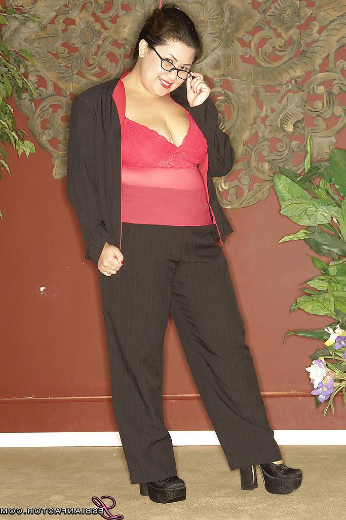 16P Naughty asian plumper in glasses uncovering her big flabby tits