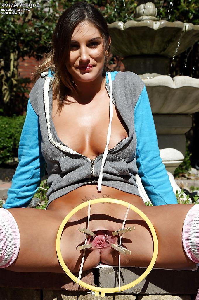 15P Stunning cutie August Ames is banging her puss with a stone!