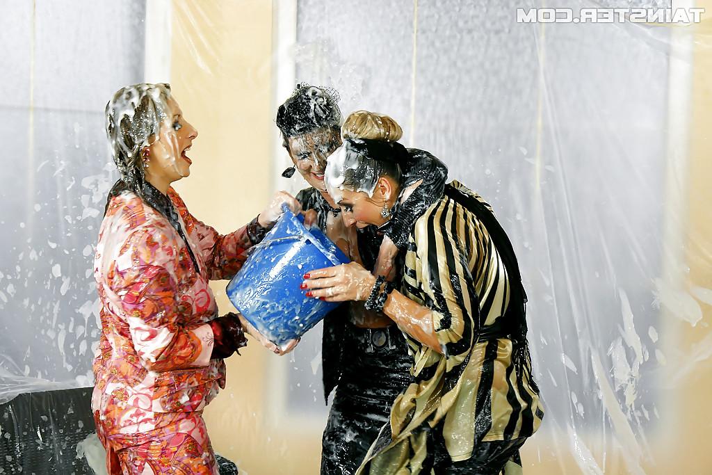 16P Fully clothed european fetish ladies have some wet and messy fun