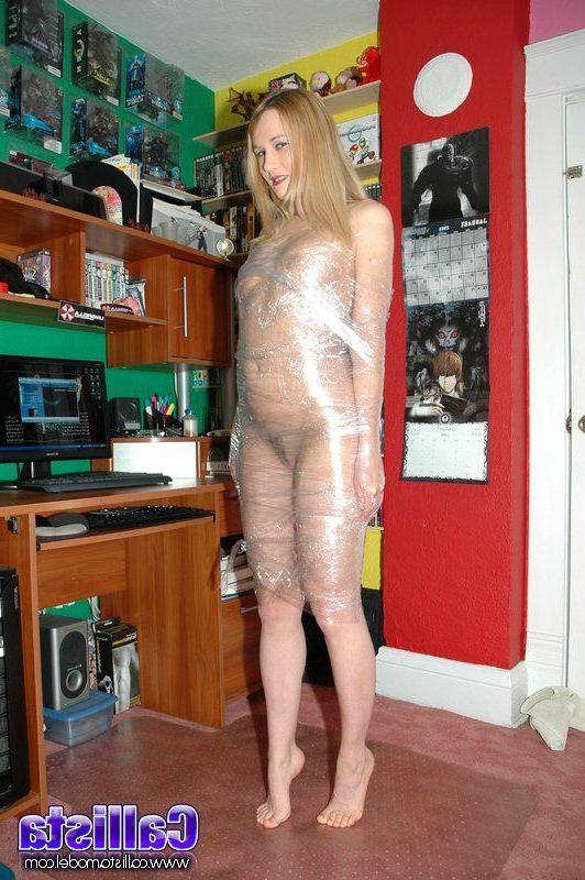 16P Pictures of teen girl Callista Model masturbating while bound in plastic wrap
