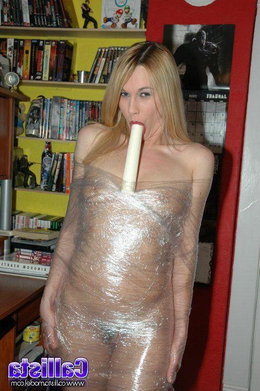 16P Pictures of teen girl Callista Model masturbating while bound in plastic wrap