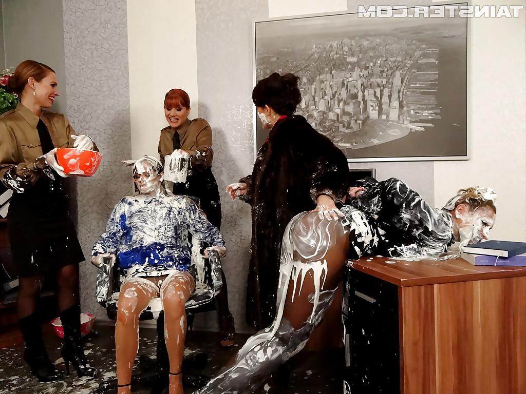 16P Nasty european fetish ladies make some messy fully clothed action
