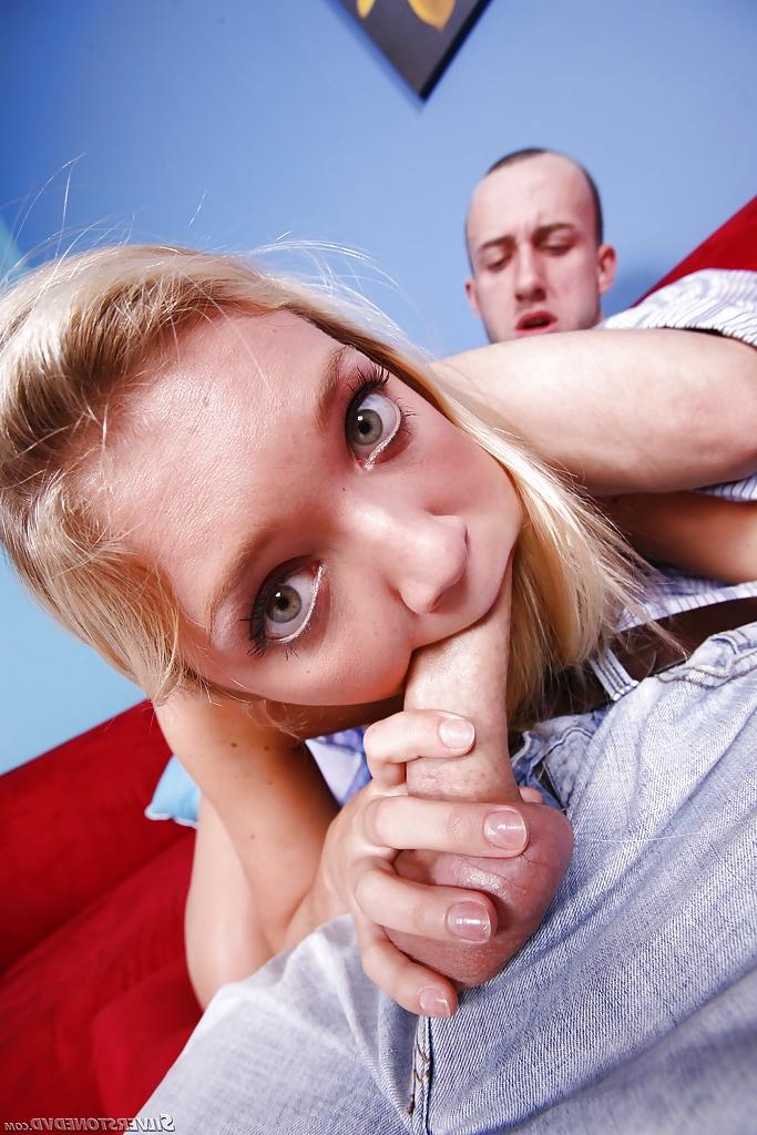 16P Petite blonde pornstar Jessie Andres pulling panties aside for cock in cunt