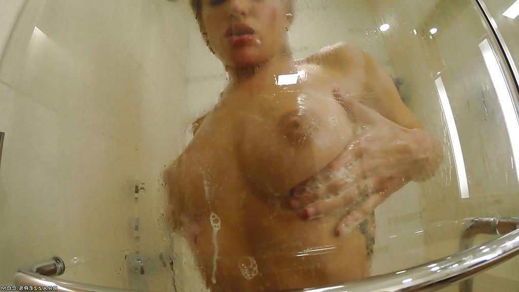 16P Pornstar Kissa Sins caught fondling big boobs in shower by boyfriend