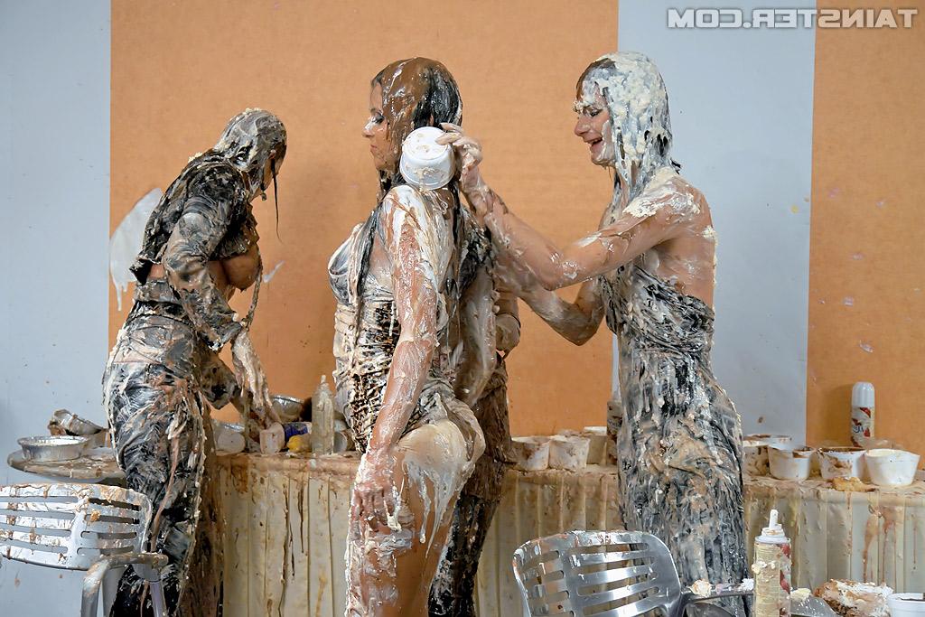 16P European fetish babe Leony Aprill is into messy foodplay with her friends