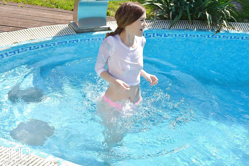 16P Beautiful European teen Misha Cross getting wet at a pool party