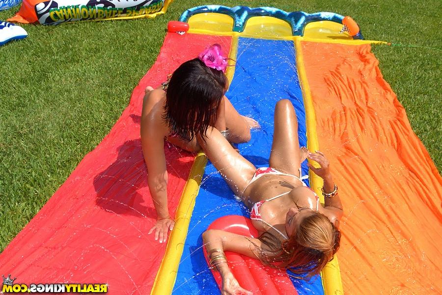 16P Horny latin lesbians in bikinis having fun in the backyard