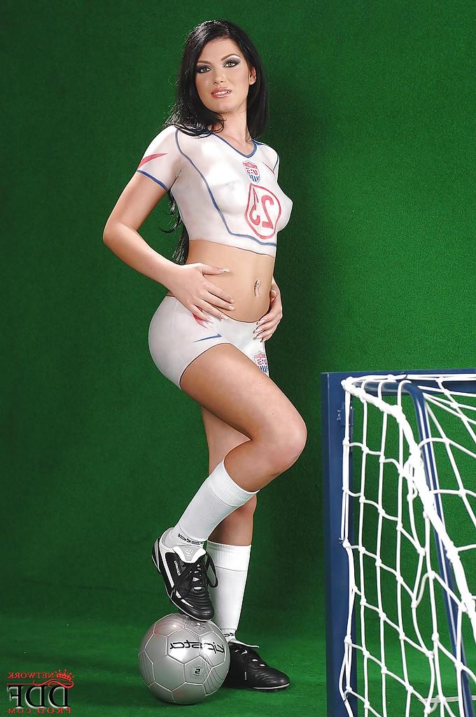 16P Sporty hottie Roxy Panther posing in body painted soccer outfit