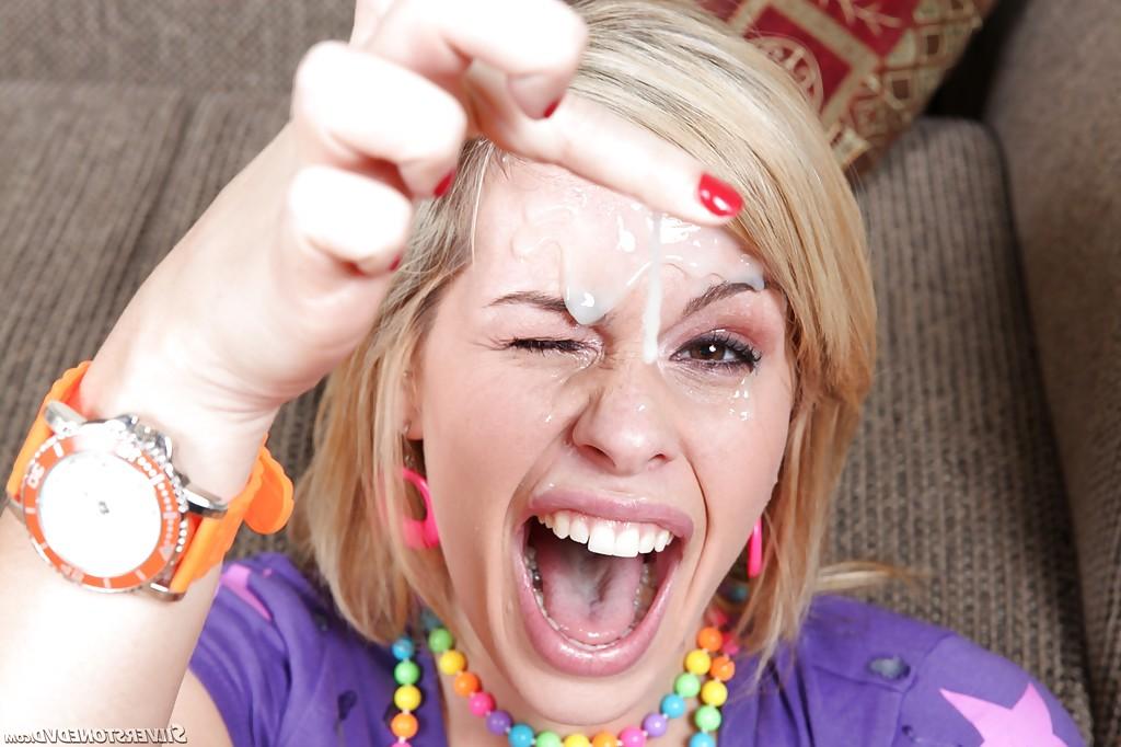 16P Blond girl Tara Lynn Foxx taking jism on face from big dick in argyle socks