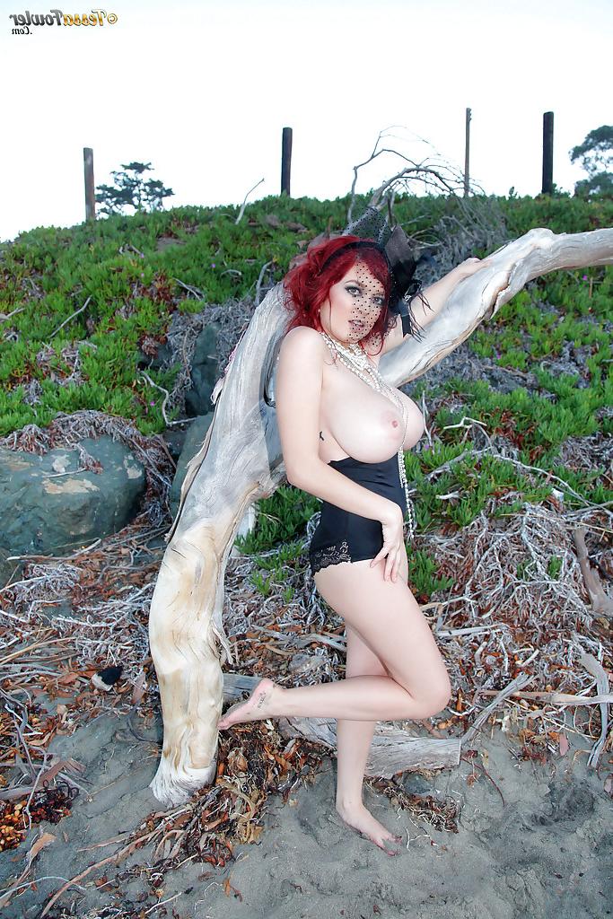 16P Leggy redhead pornstar Tessa Fowler touting huge natural tits outdoors
