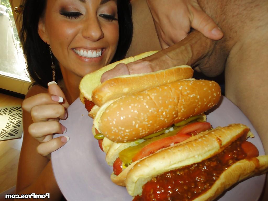 16P Brunette chick Tiffany Brookes licking large cock wrapped in hot dog bun
