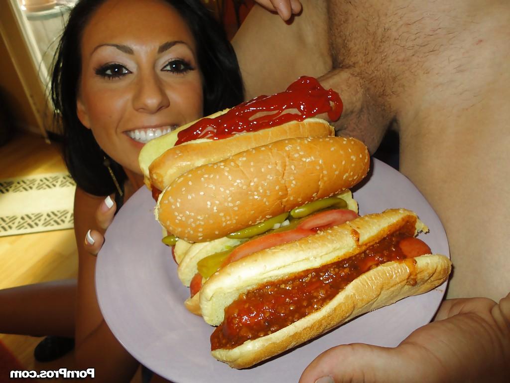 16P Brunette chick Tiffany Brookes licking large cock wrapped in hot dog bun
