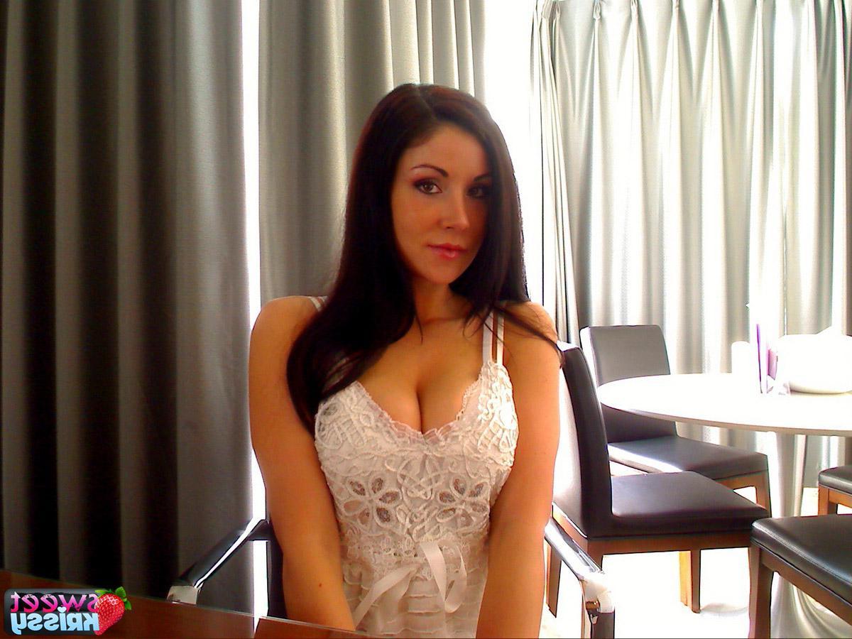 12P Krissy shows off her big juicy tits in a sexy tight white bra