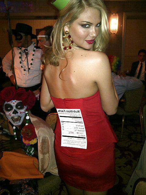 7P Kate Upton dressed as Tobasco Sauce bottle for Halloween