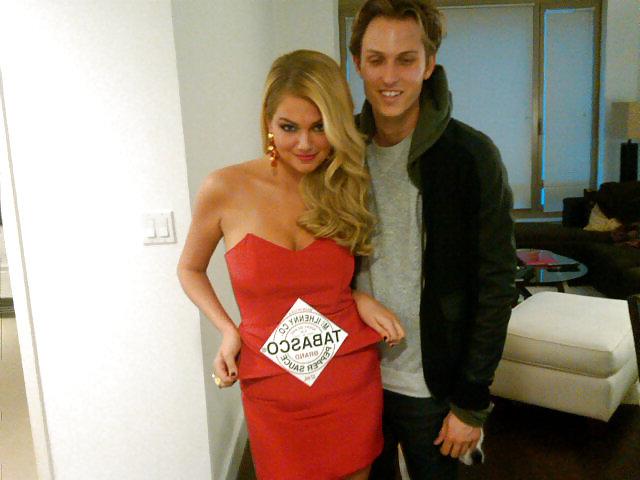 7P Kate Upton dressed as Tobasco Sauce bottle for Halloween