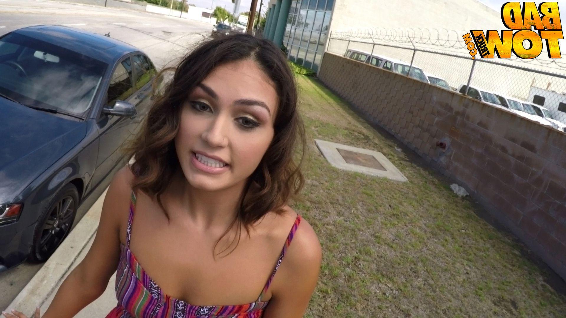 20P Brunette amateur Kylie is stranded at the side of the road and fucks the tow truck driver
