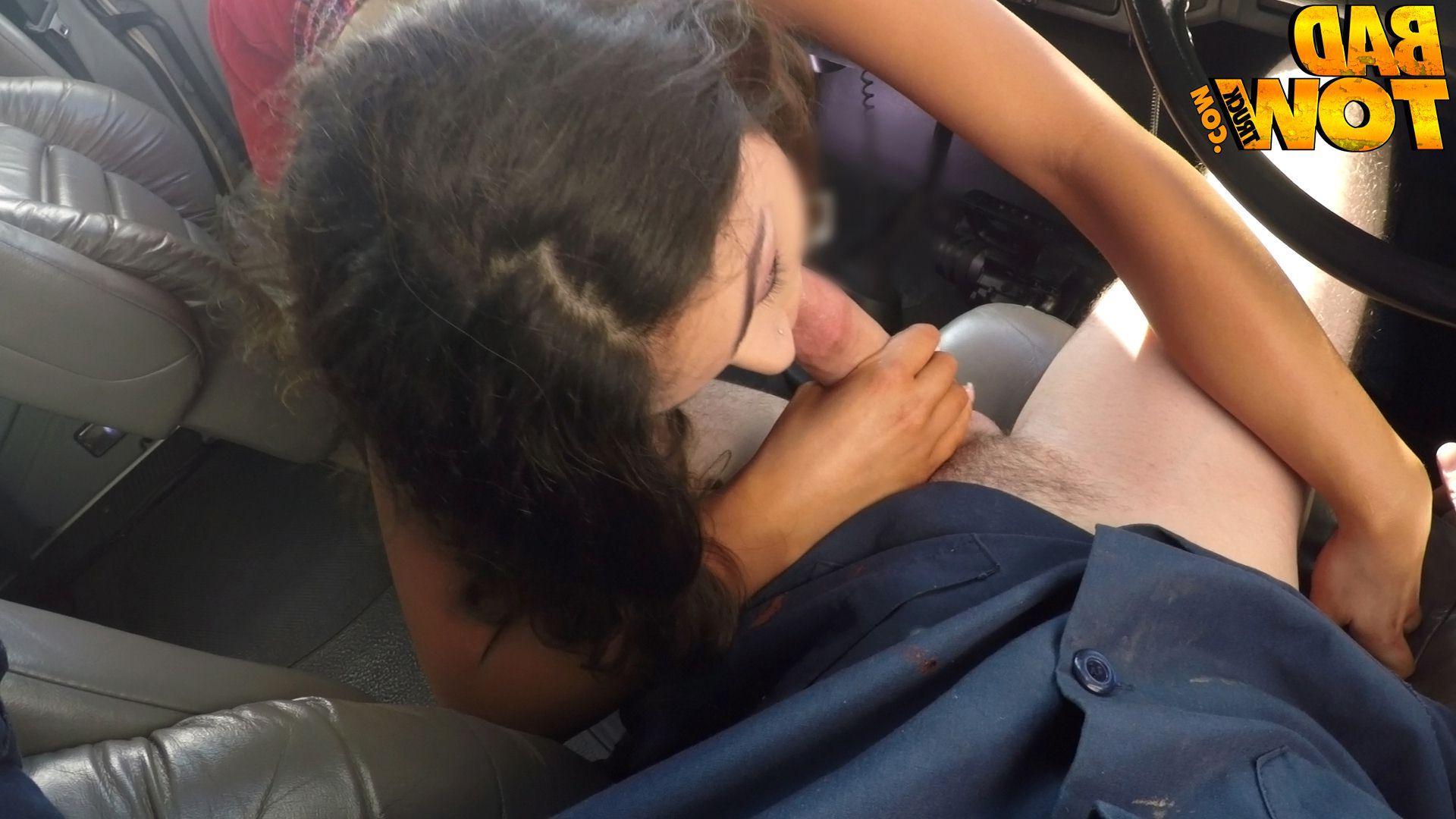 20P Brunette amateur Kylie is stranded at the side of the road and fucks the tow truck driver
