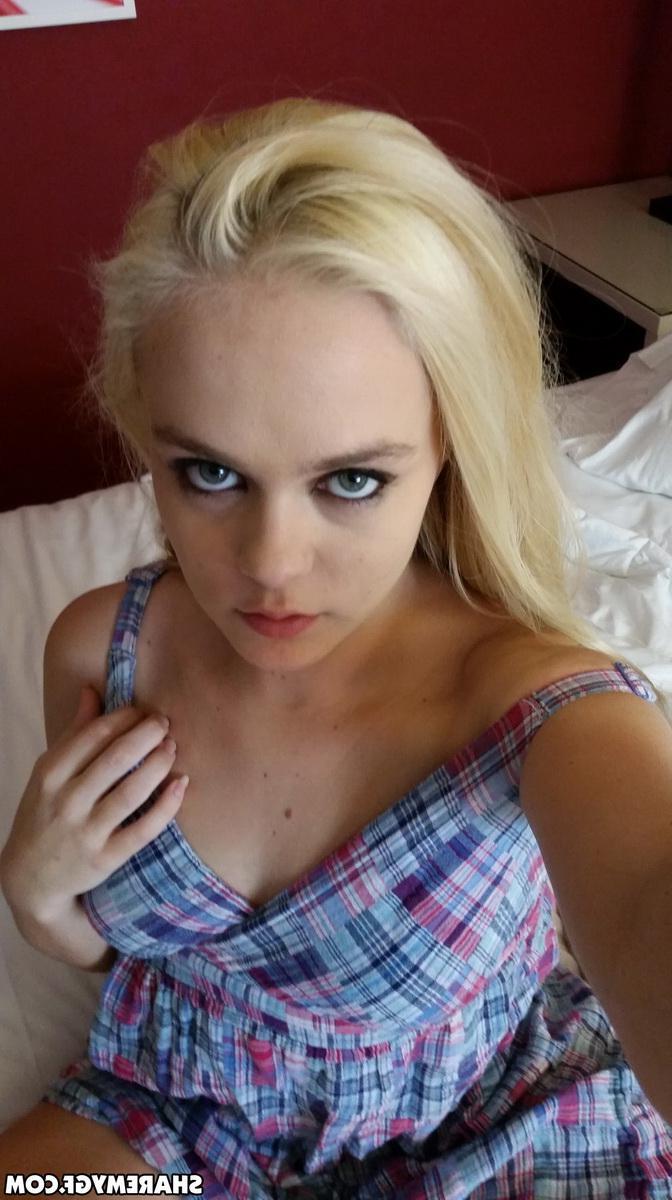 12P Cute perky blonde girlfriend strips out of her little dress as she takes selfies for her boyfriend