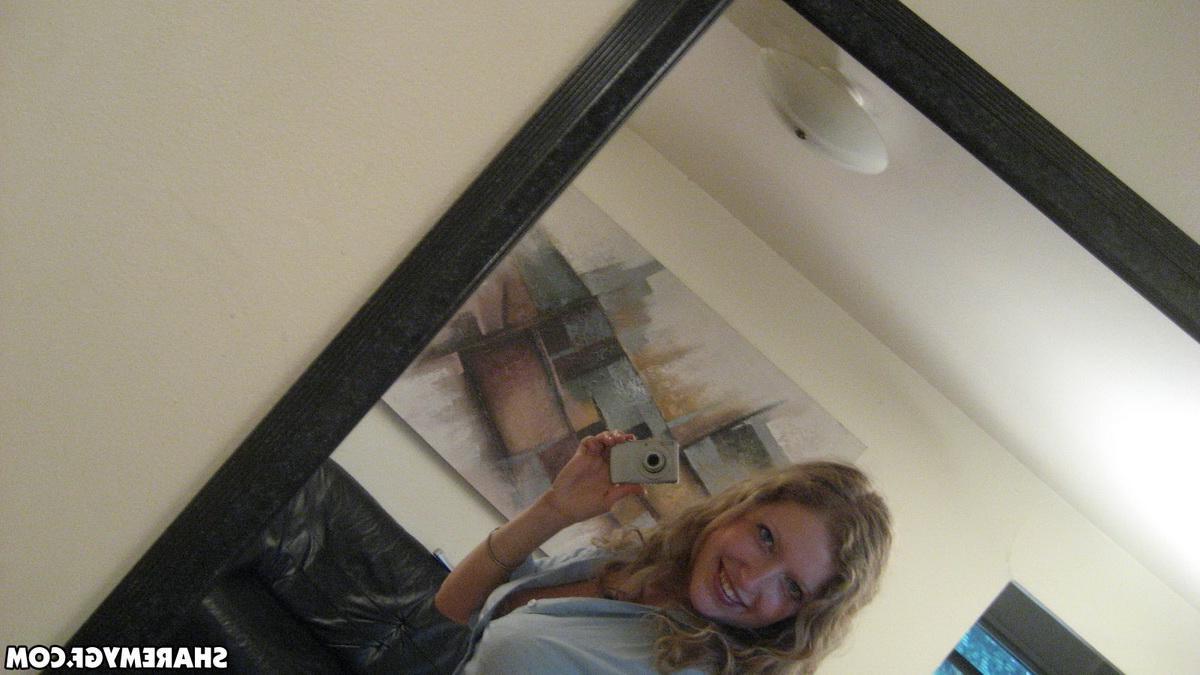 12P Busty blonde girlfriend takes selfies in the mirror of her big natural tits