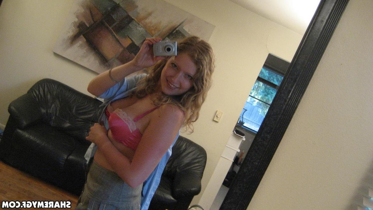 12P Busty blonde girlfriend takes selfies in the mirror of her big natural tits
