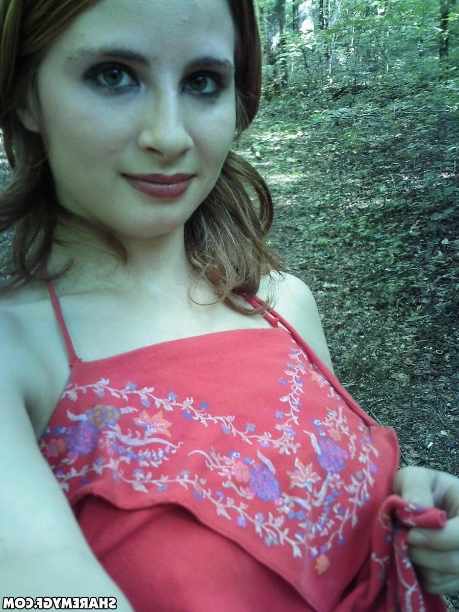 12P Busty girlfriend takes selfshot pictures outdoors of her big perfect tits as she strips naked