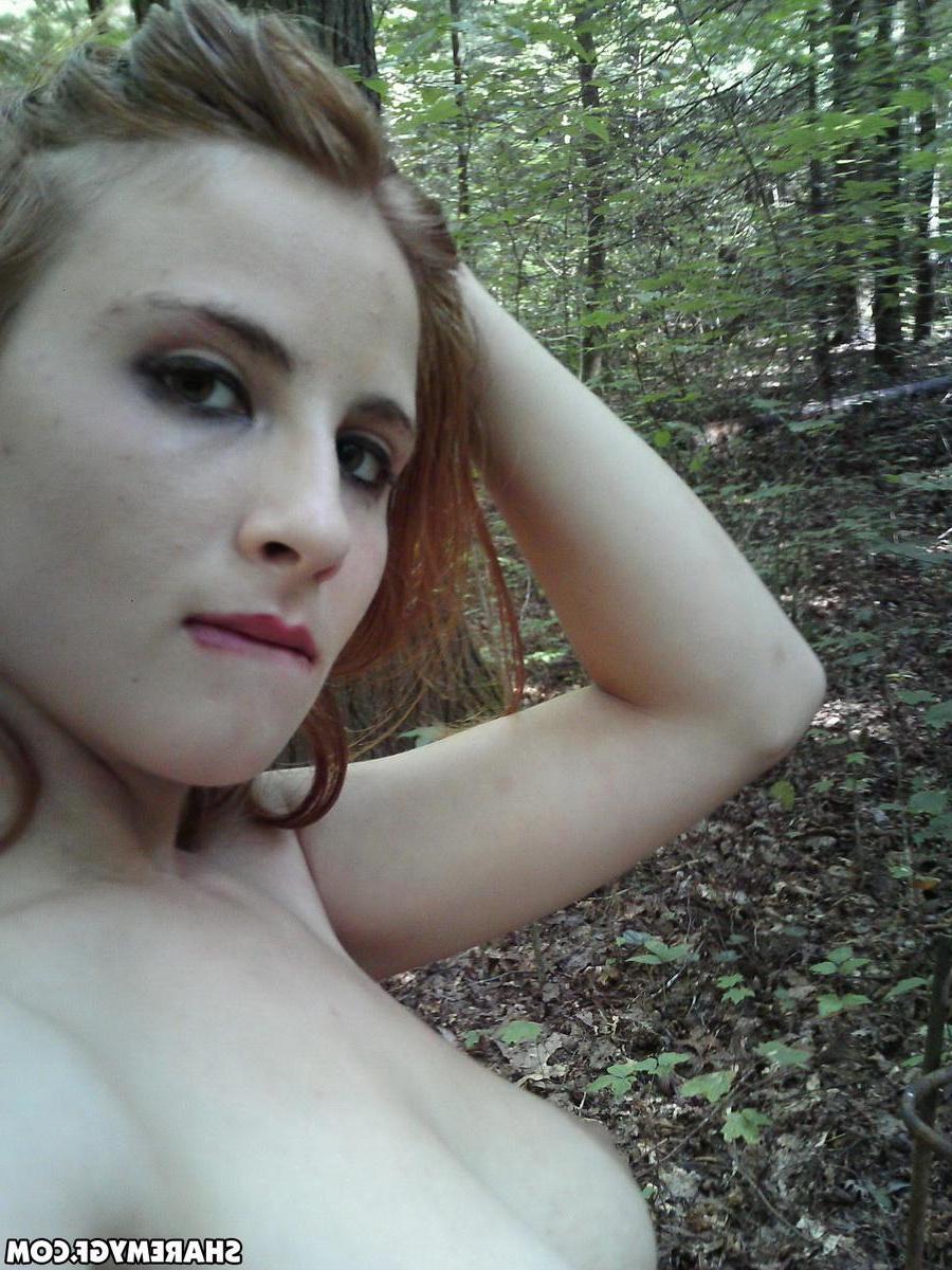 12P Busty girlfriend takes selfshot pictures outdoors of her big perfect tits as she strips naked