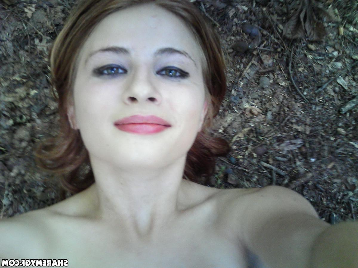 12P Busty girlfriend takes selfshot pictures outdoors of her big perfect tits as she strips naked