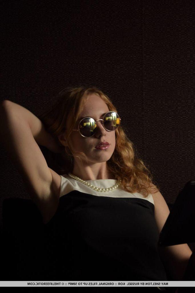 16P Blonde beauty May Shelton strips in her sunglasses and stockings
