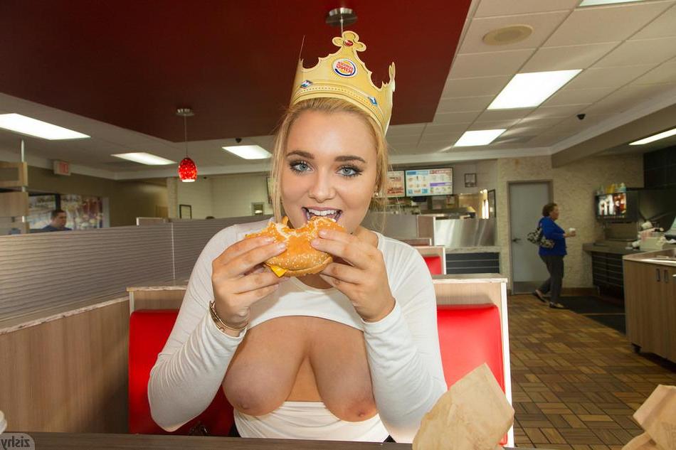 8P Busty blonde Gwen Stanberg flashes her big boobs at a Burger King