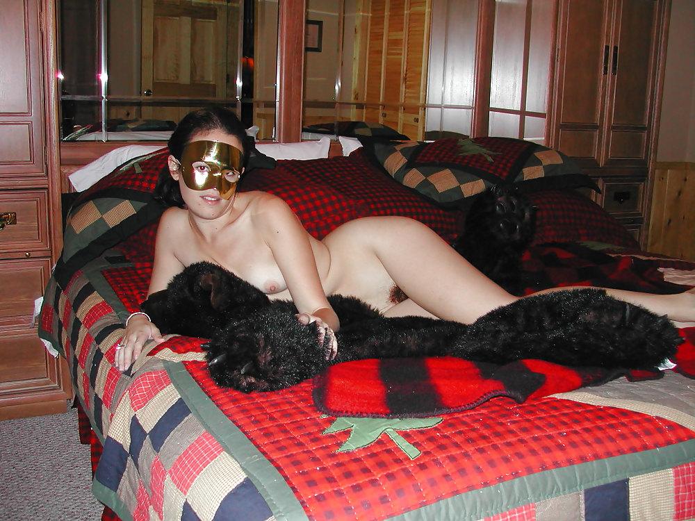 25P Young Bushy Wife Posing in Mountain Cabin